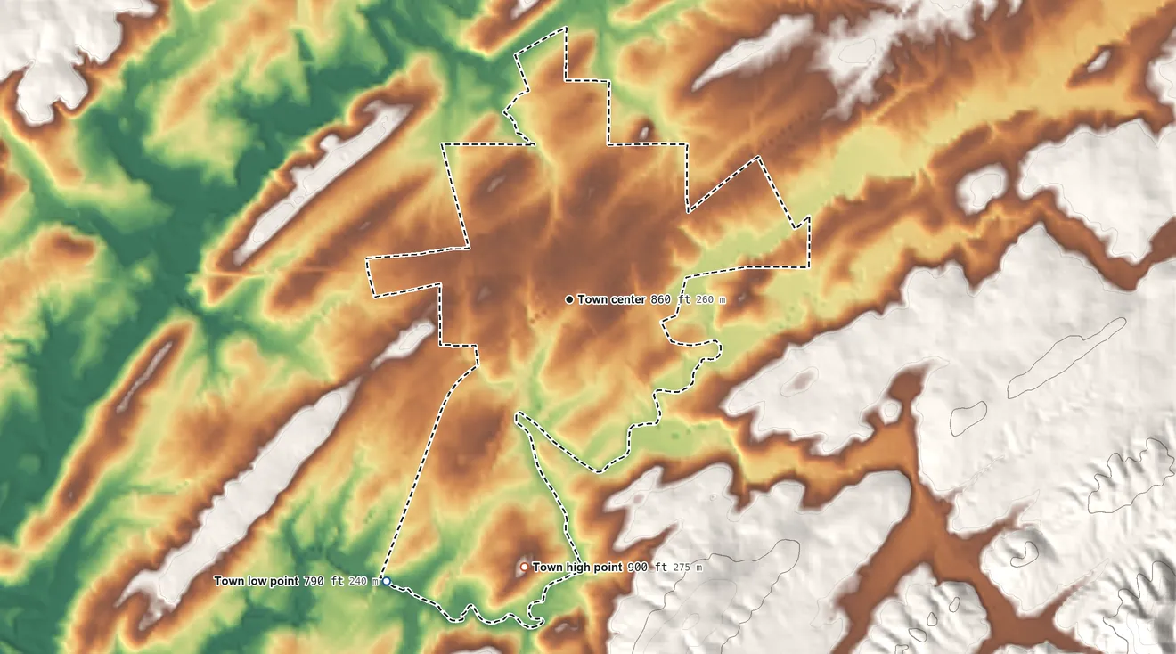Topographic elevation map of Englewood, Tennessee, shaded from 790 ft on the southwest side to 900 ft on the south edge, below higher ground just outside