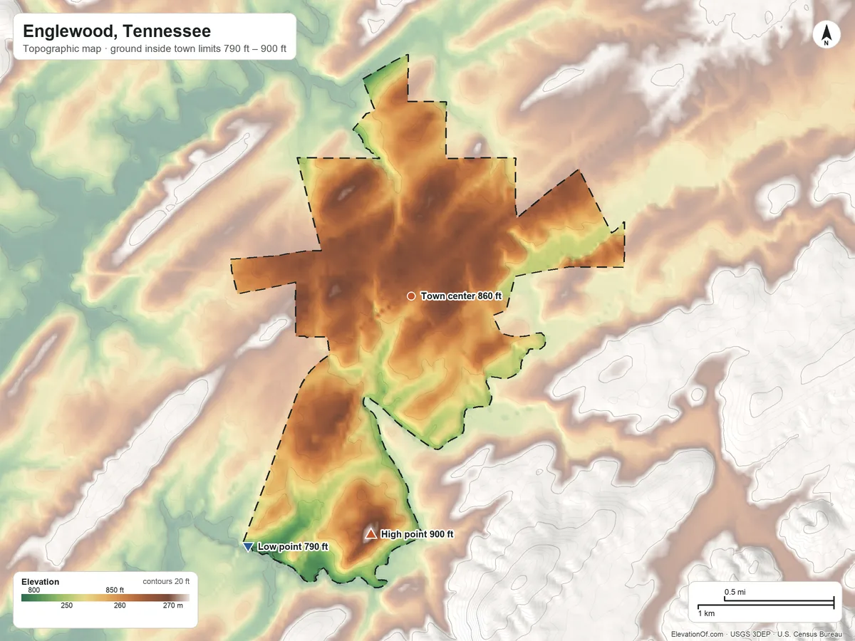 Topographic elevation map of Englewood, Tennessee, shaded from 790 ft on the southwest side to 900 ft on the south edge, below higher ground just outside