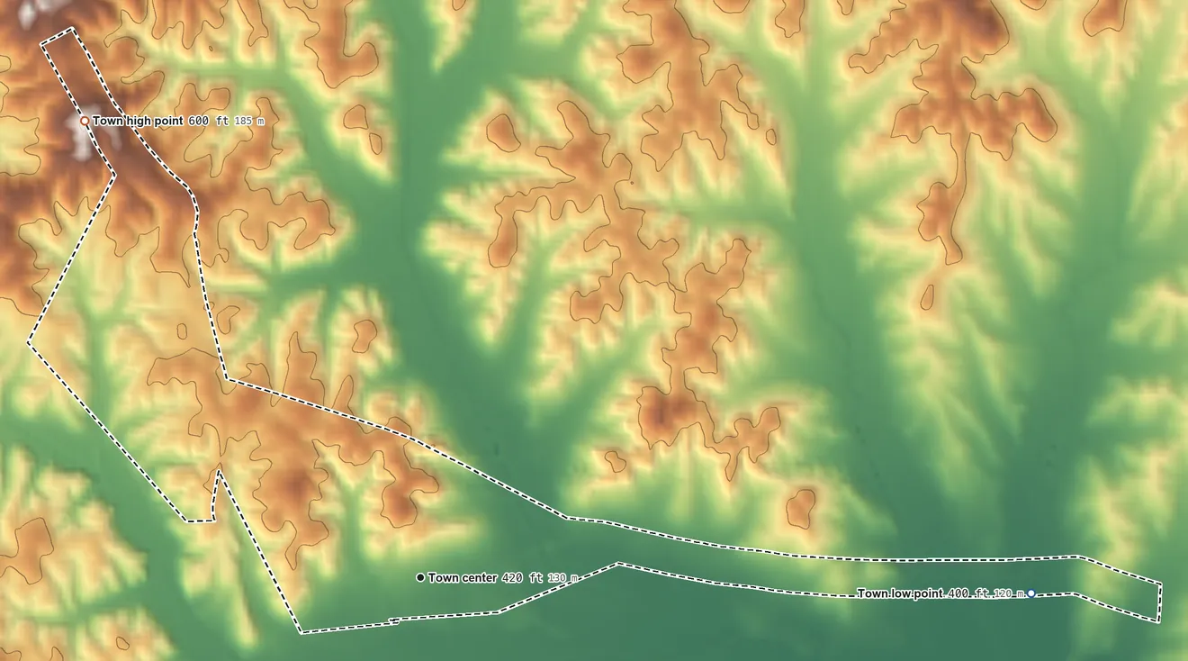 Topographic elevation map of Enville, Tennessee, shaded from 400 ft on the east side to 600 ft on the northwest side