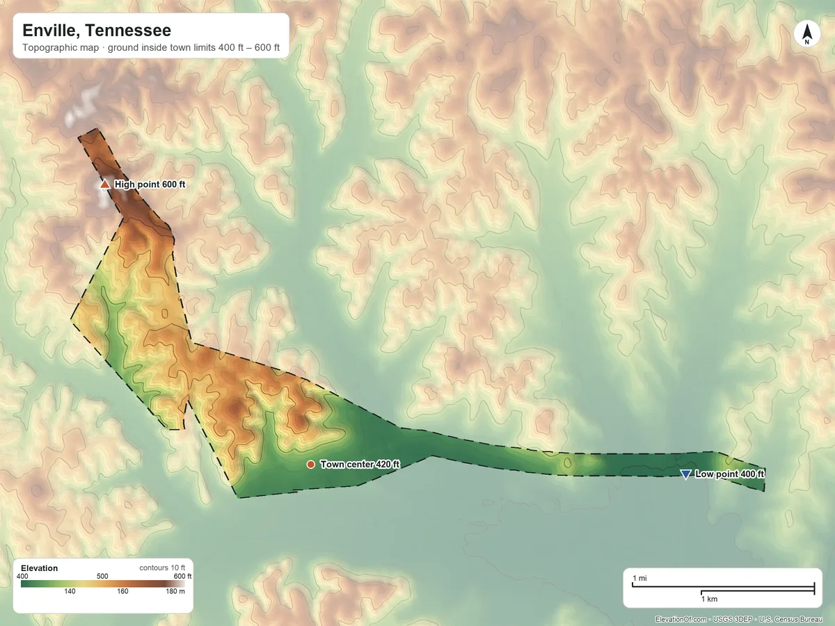 Topographic elevation map of Enville, Tennessee, shaded from 400 ft on the east side to 600 ft on the northwest side