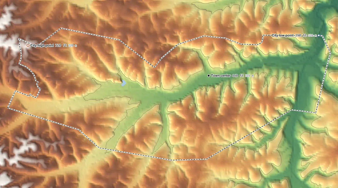 Topographic elevation map of Erin, Tennessee, shaded from 390 ft on the east side to 720 ft on the west side