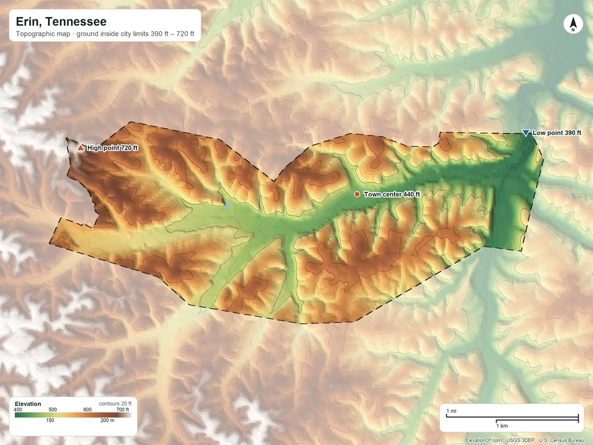 Topographic elevation map of Erin, Tennessee, shaded from 390 ft on the east side to 720 ft on the west side