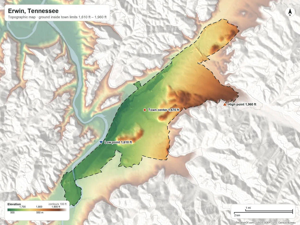 Topographic elevation map of Erwin, Tennessee, shaded from 1,610 ft on the southwest side to 1,960 ft on the east edge, below higher ground just outside