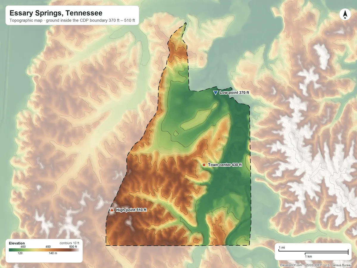 Topographic elevation map of Essary Springs, Tennessee, shaded from 370 ft on the north side to 510 ft on the southwest side