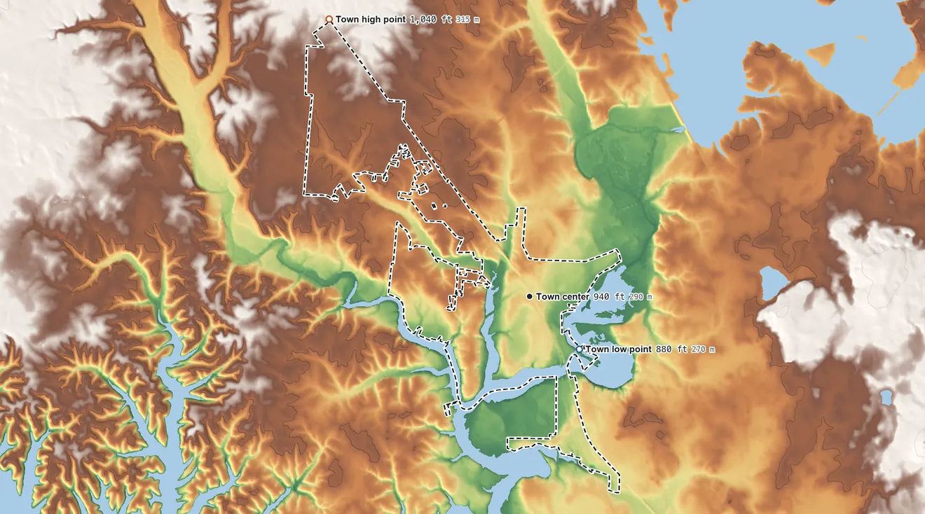Topographic elevation map of Estill Springs, Tennessee, shaded from 880 ft on the southeast side to 1,040 ft on the northwest side