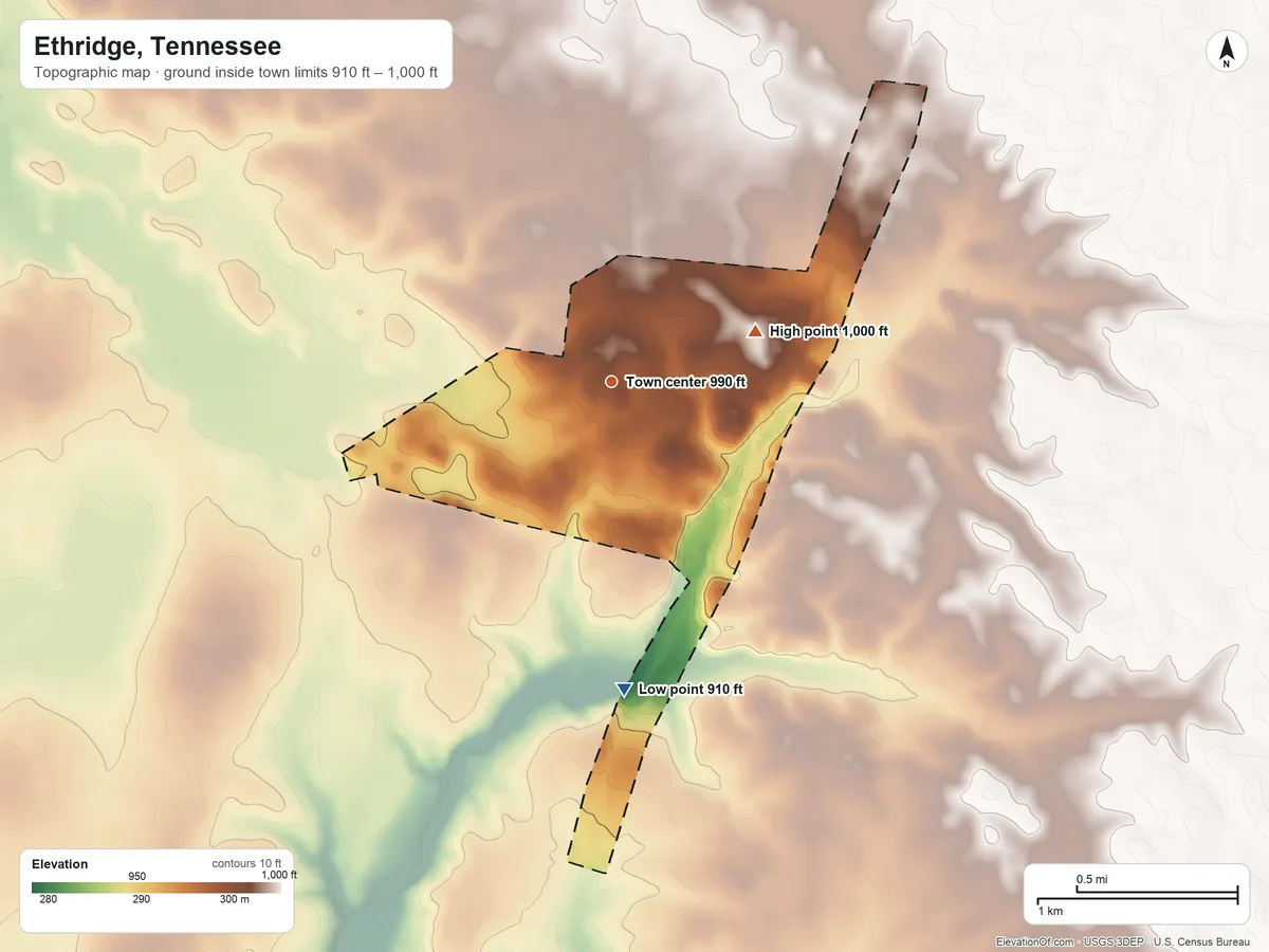Topographic elevation map of Ethridge, Tennessee, shaded from 910 ft on the south side to 1,000 ft on the east side