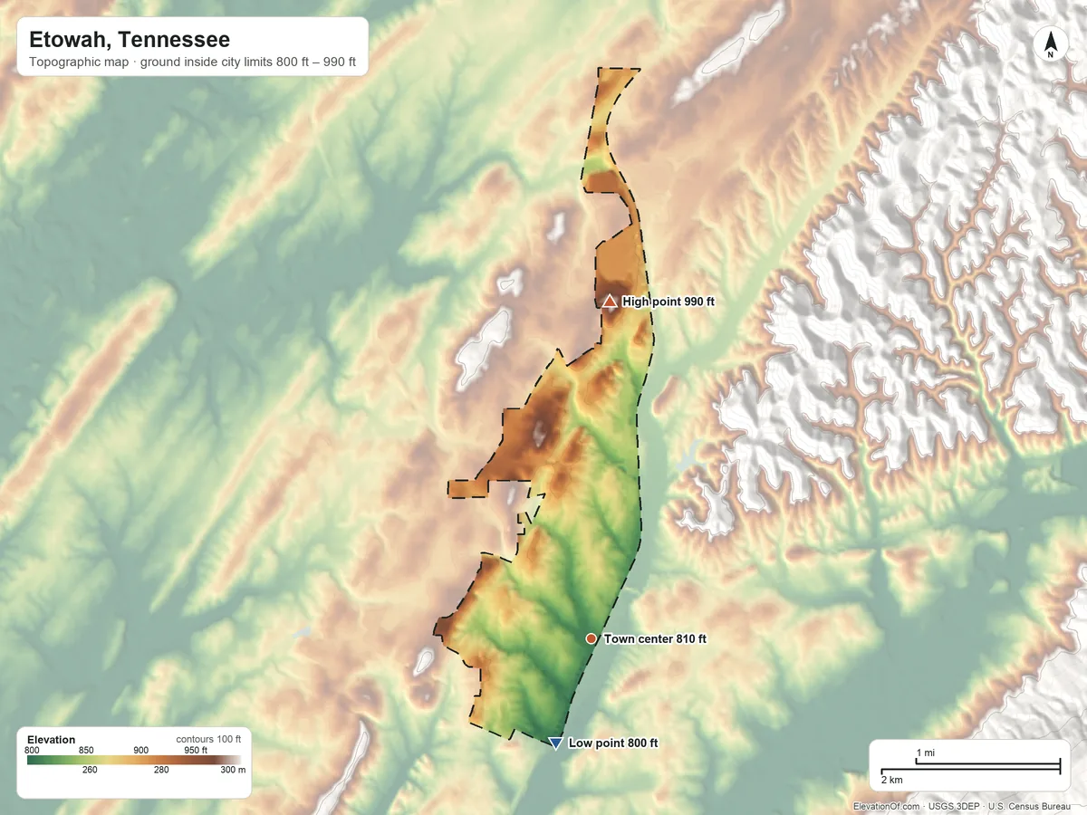 Topographic elevation map of Etowah, Tennessee, shaded from 800 ft on the south side to 990 ft on the north edge, below higher ground just outside