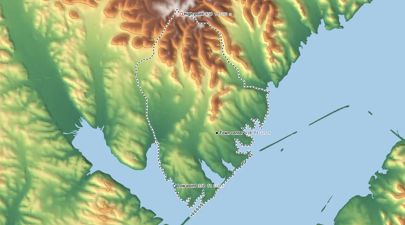 Topographic elevation map of Eva, Tennessee, shaded from 350 ft on the southwest side to 650 ft on the north side