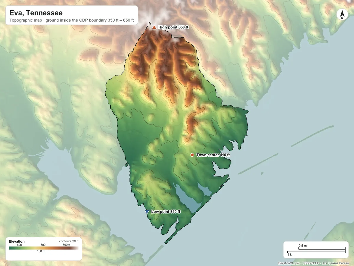 Topographic elevation map of Eva, Tennessee, shaded from 350 ft on the southwest side to 650 ft on the north side