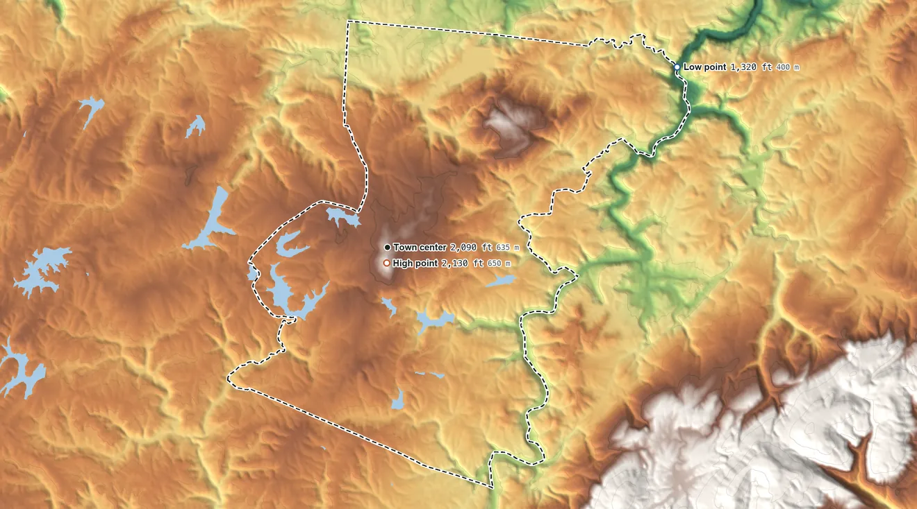 Topographic elevation map of Fairfield Glade, Tennessee, shaded from 1,320 ft on the northeast side to 2,130 ft near the middle