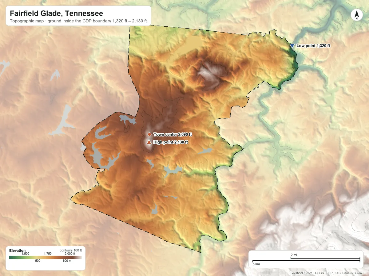 Topographic elevation map of Fairfield Glade, Tennessee, shaded from 1,320 ft on the northeast side to 2,130 ft near the middle