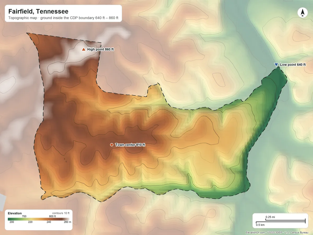 Topographic elevation map of Fairfield, Tennessee, shaded from 640 ft on the northeast side to 860 ft on the north side