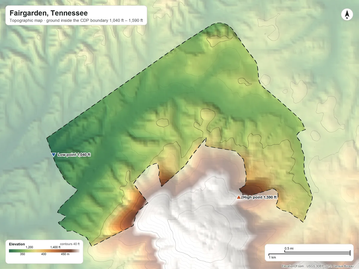 Topographic elevation map of Fairgarden, Tennessee, shaded from 1,040 ft on the west side to 1,590 ft at the foot of the Slate Knobs