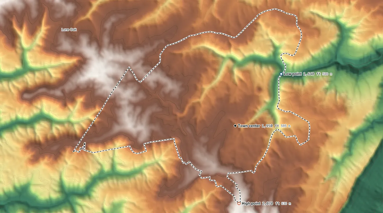 Topographic elevation map of Fairmount, Tennessee, shaded from 1,640 ft on the northeast side to 2,070 ft on the south side