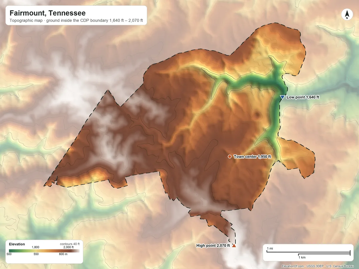 Topographic elevation map of Fairmount, Tennessee, shaded from 1,640 ft on the northeast side to 2,070 ft on the south side