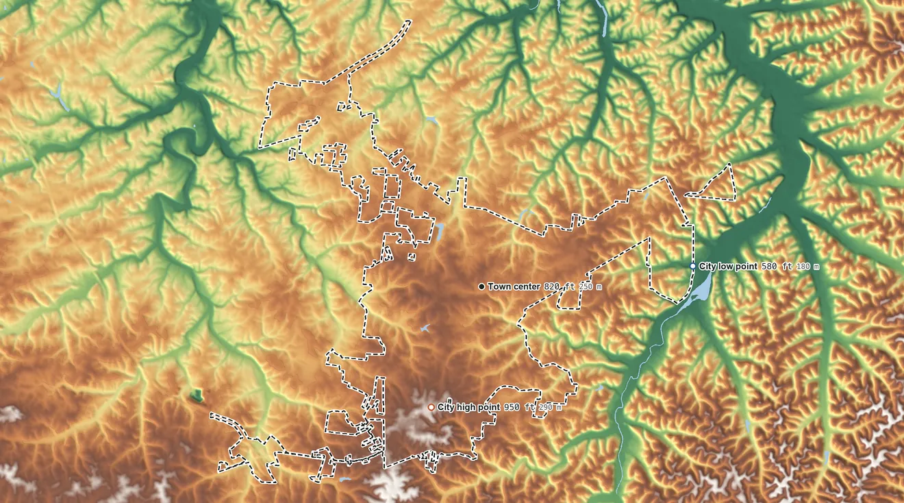 Topographic elevation map of Fairview, Tennessee, shaded from 580 ft on the east side to 950 ft on the southwest side