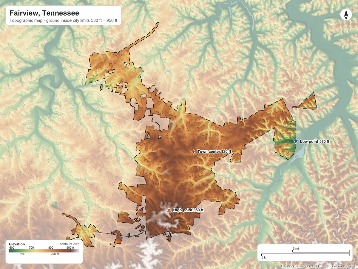 Topographic elevation map of Fairview, Tennessee, shaded from 580 ft on the east side to 950 ft on the southwest side