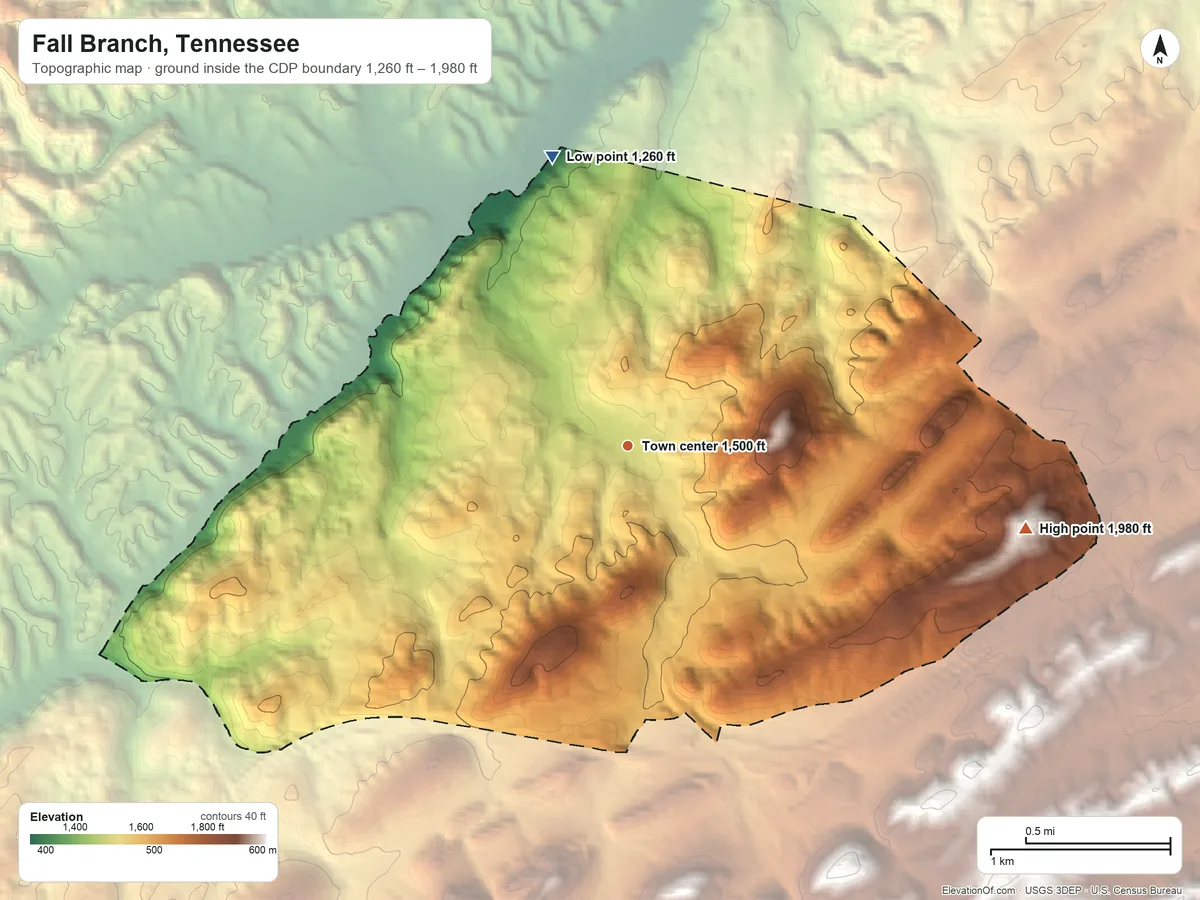 Topographic elevation map of Fall Branch, Tennessee, shaded from 1,260 ft on the north side to 1,980 ft on the east side