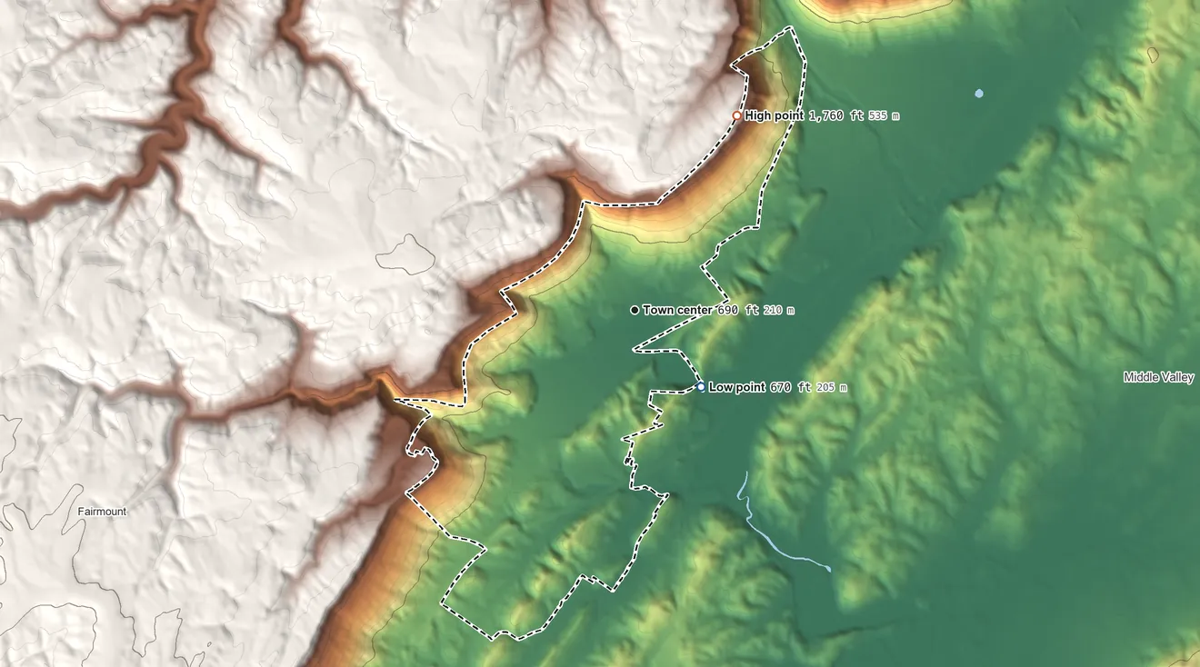 Topographic elevation map of Falling Water, Tennessee, shaded from 670 ft on the southeast side to 1,760 ft on the northeast side
