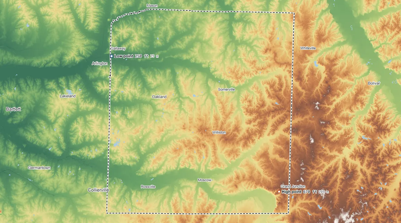 Topographic elevation map of Fayette County, Tennessee, shaded from 250 ft on the northwest side to 670 ft on Gordon Hill