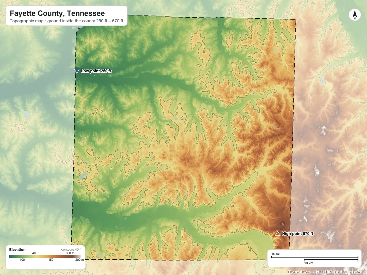 Topographic elevation map of Fayette County, Tennessee, shaded from 250 ft on the northwest side to 670 ft on Gordon Hill
