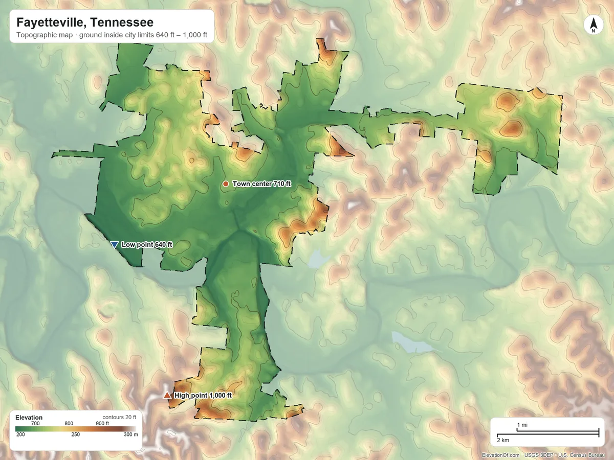 Topographic elevation map of Fayetteville, Tennessee, shaded from 640 ft on the southwest side to 1,000 ft on the south side