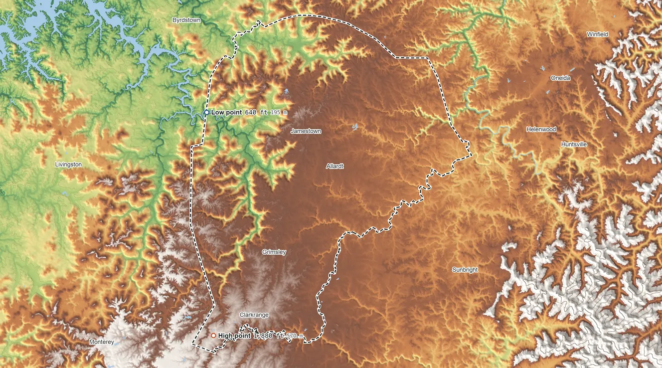 Topographic elevation map of Fentress County, Tennessee, shaded from 640 ft on the northwest side to 1,880 ft on the southwest side