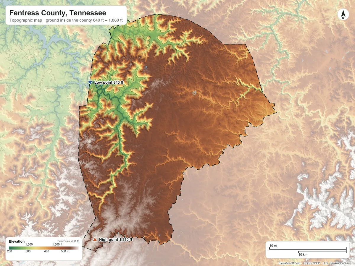 Topographic elevation map of Fentress County, Tennessee, shaded from 640 ft on the northwest side to 1,880 ft on the southwest side