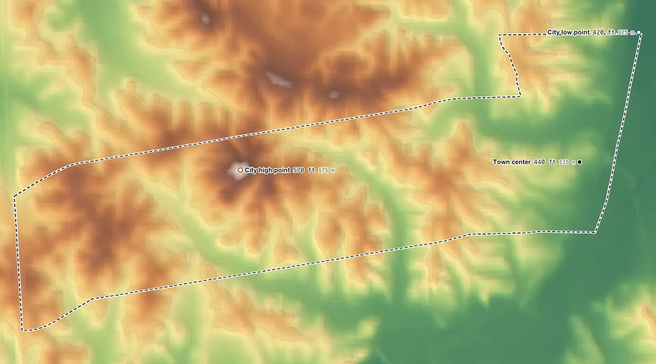 Topographic elevation map of Finger, Tennessee, shaded from 420 ft on the northeast side to 570 ft on the west side