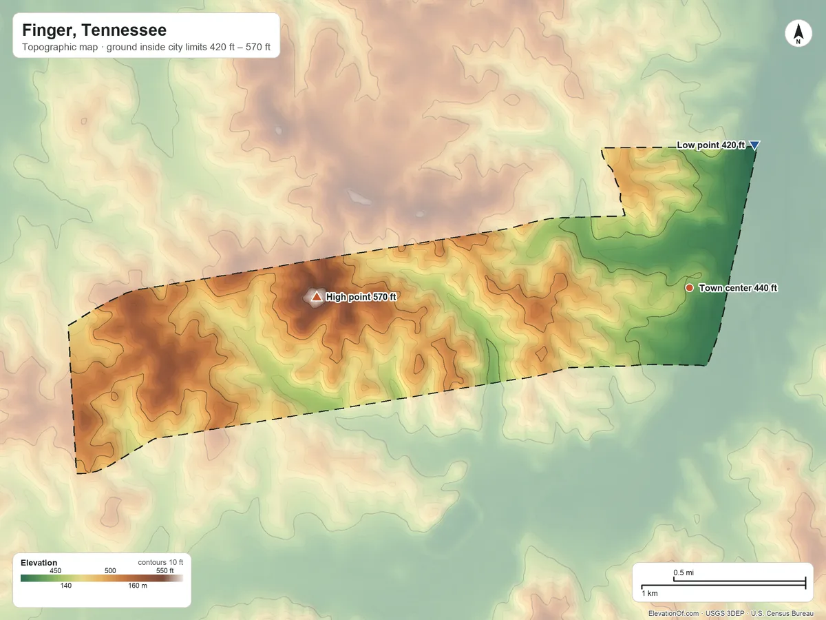 Topographic elevation map of Finger, Tennessee, shaded from 420 ft on the northeast side to 570 ft on the west side