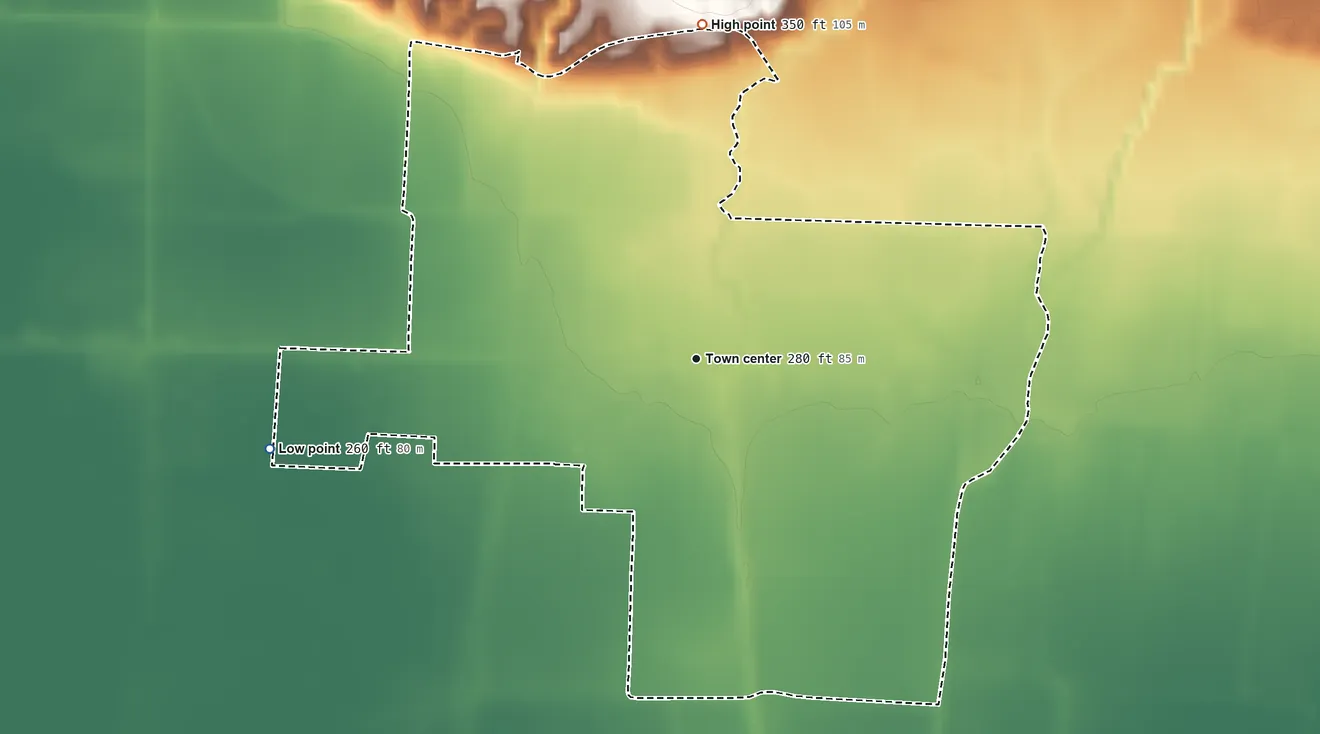 Topographic elevation map of Finley, Tennessee, shaded from 260 ft on the west side to 350 ft on the north side
