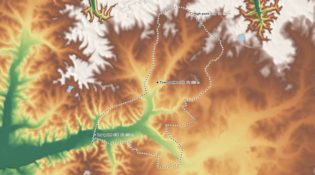 Topographic elevation map of Flintville, Tennessee, shaded from 830 ft on the southwest side to 970 ft on the northeast side
