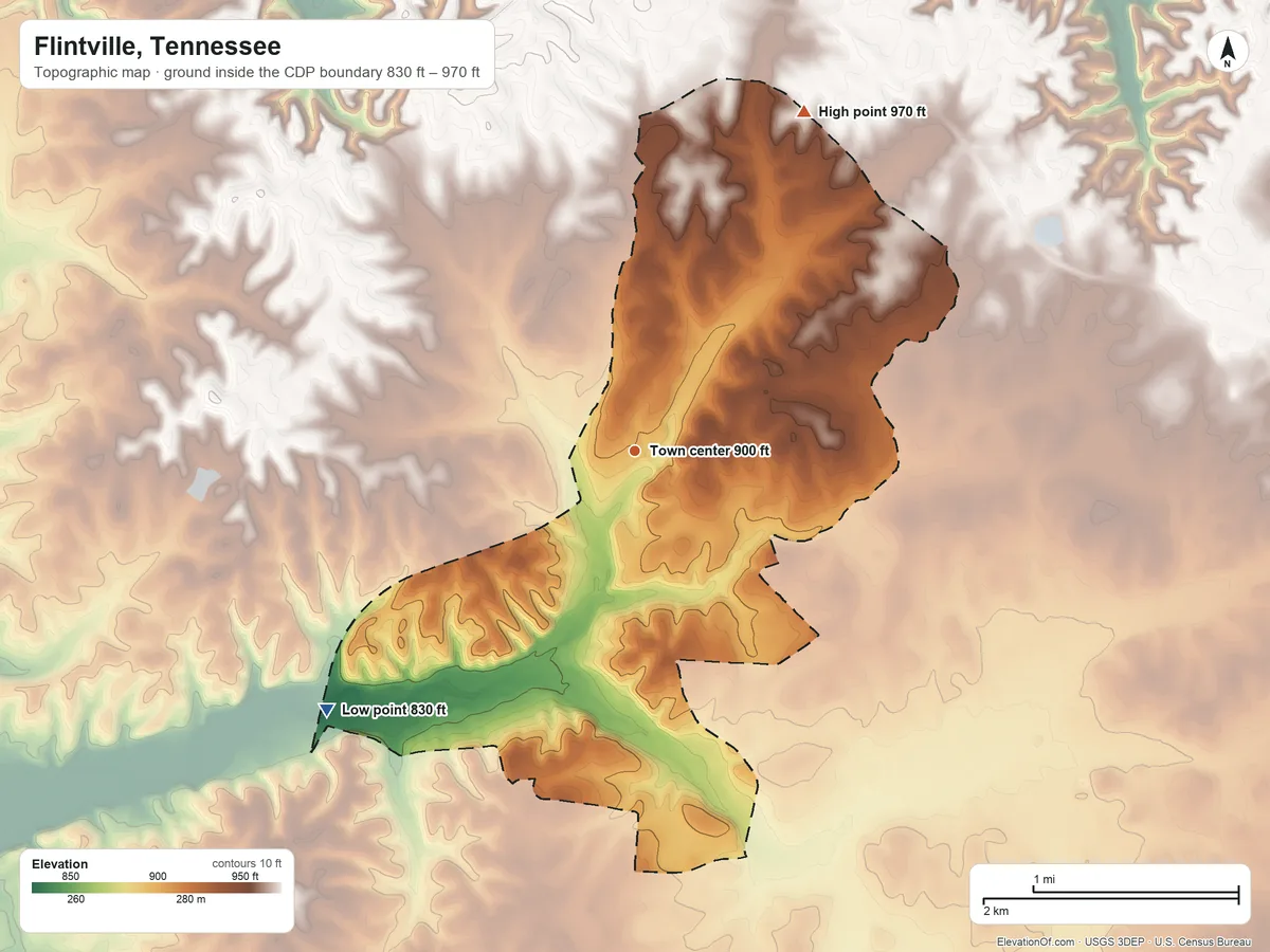Topographic elevation map of Flintville, Tennessee, shaded from 830 ft on the southwest side to 970 ft on the northeast side