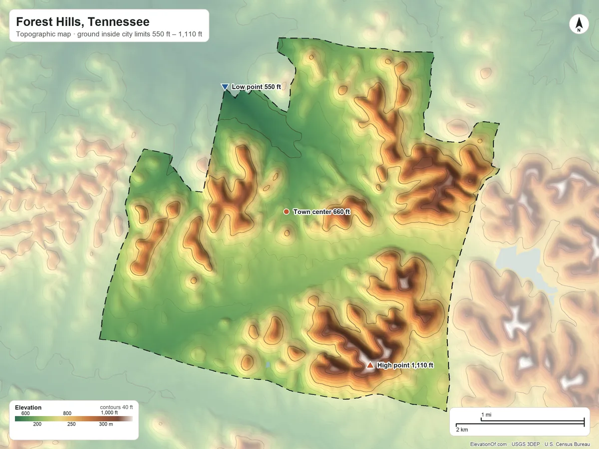 Topographic elevation map of Forest Hills, Tennessee, shaded from 550 ft on the northwest side to 1,110 ft on the southeast side