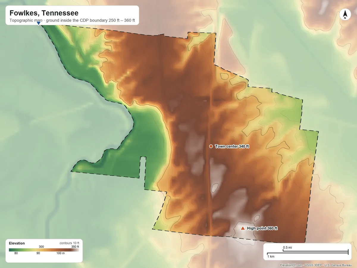 Topographic elevation map of Fowlkes, Tennessee, shaded from 250 ft on the northwest side to 360 ft on the south side