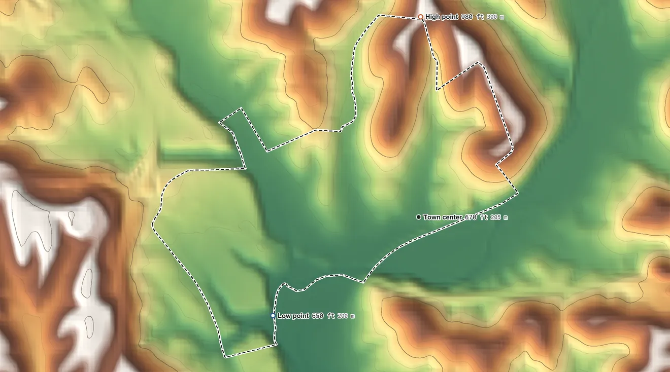 Topographic elevation map of Frankewing, Tennessee, shaded from 650 ft on the southwest side to 980 ft on the north side
