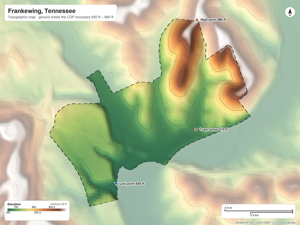Topographic elevation map of Frankewing, Tennessee, shaded from 650 ft on the southwest side to 980 ft on the north side