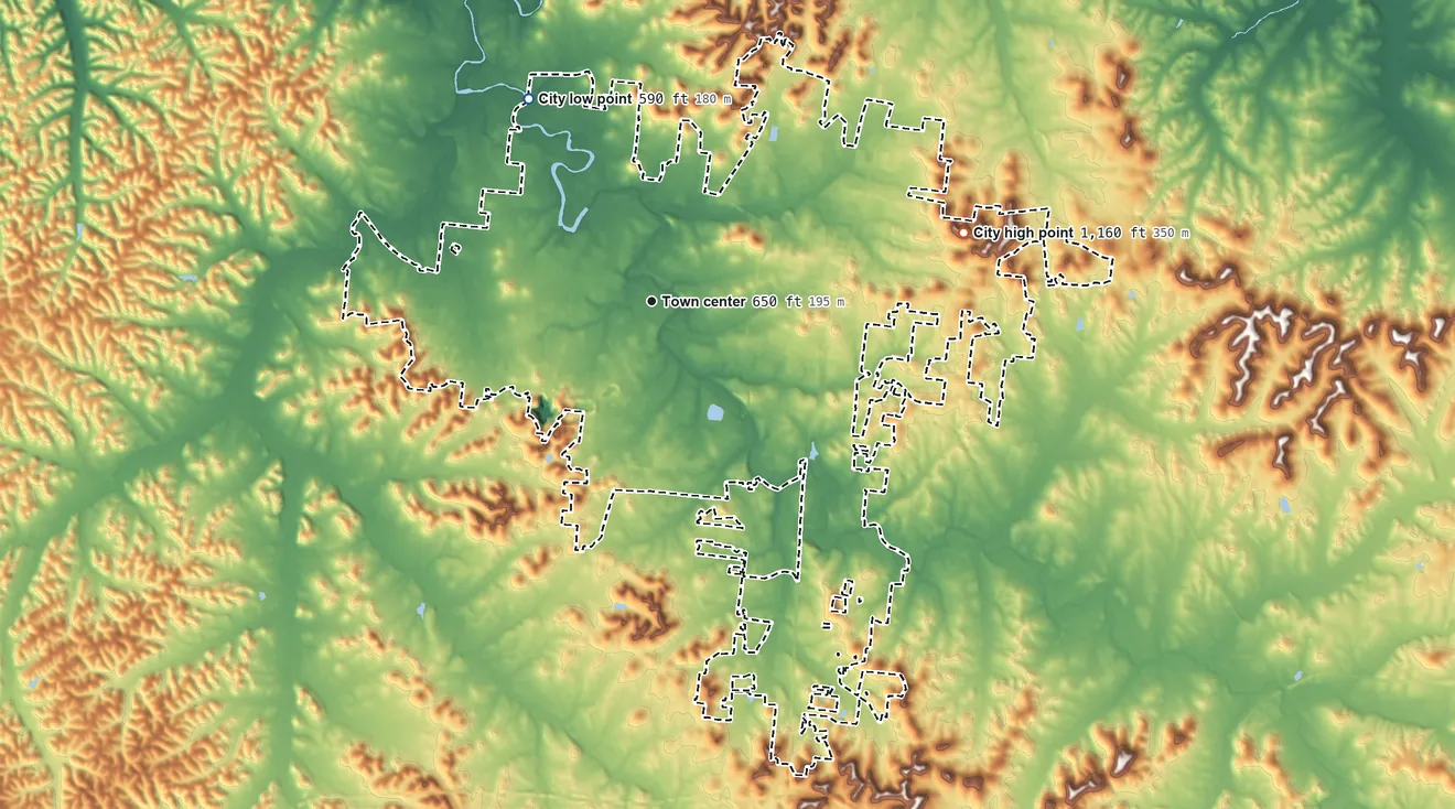 Topographic elevation map of Franklin, Tennessee, shaded from 590 ft on the northwest side to 1,160 ft on the east side