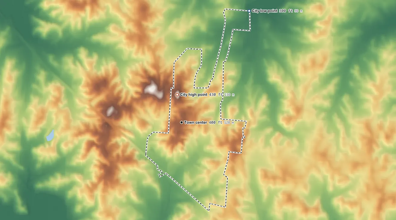 Topographic elevation map of Friendship, Tennessee, shaded from 300 ft on the northeast side to 430 ft on the north side