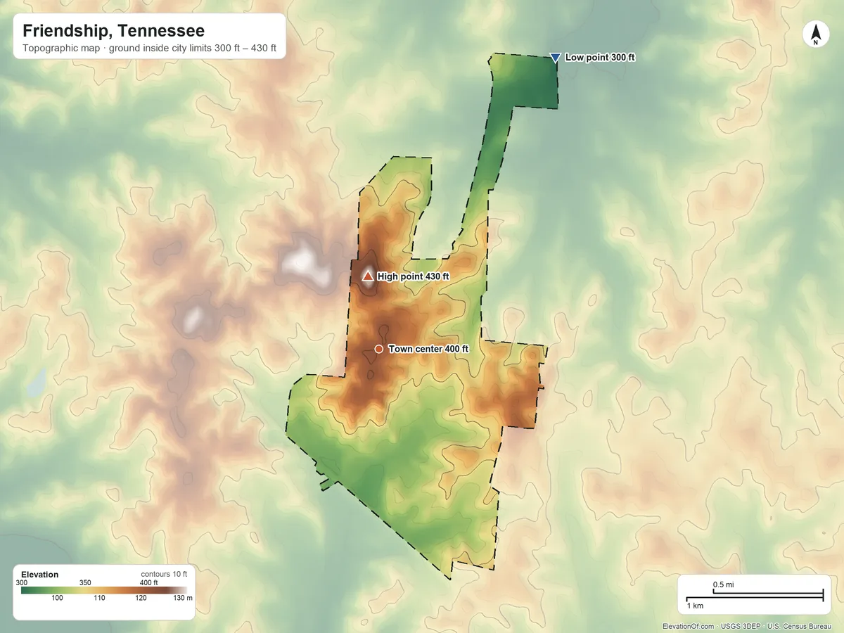 Topographic elevation map of Friendship, Tennessee, shaded from 300 ft on the northeast side to 430 ft on the north side