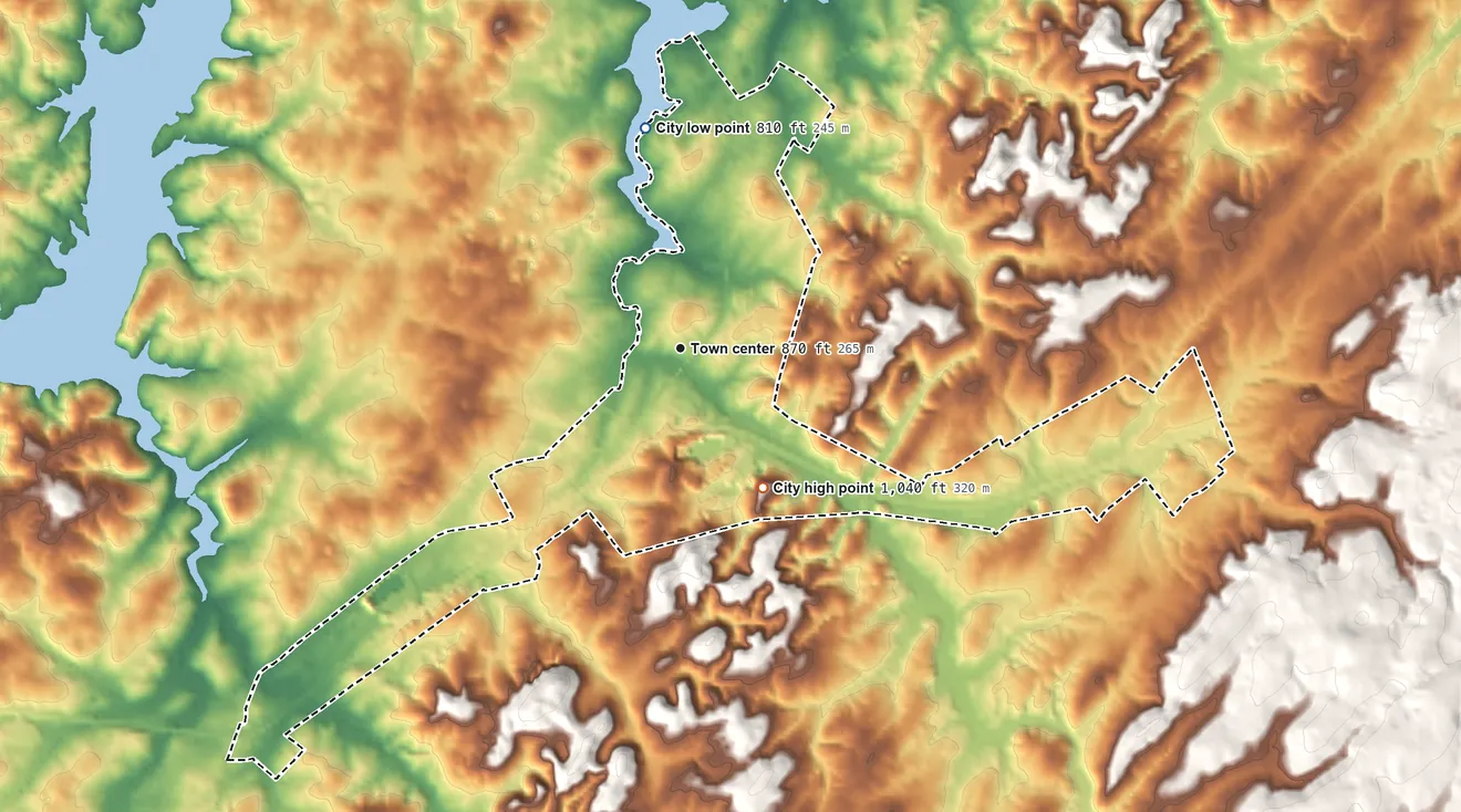 Topographic elevation map of Friendsville, Tennessee, shaded from 810 ft on the north side to 1,040 ft on the southeast side