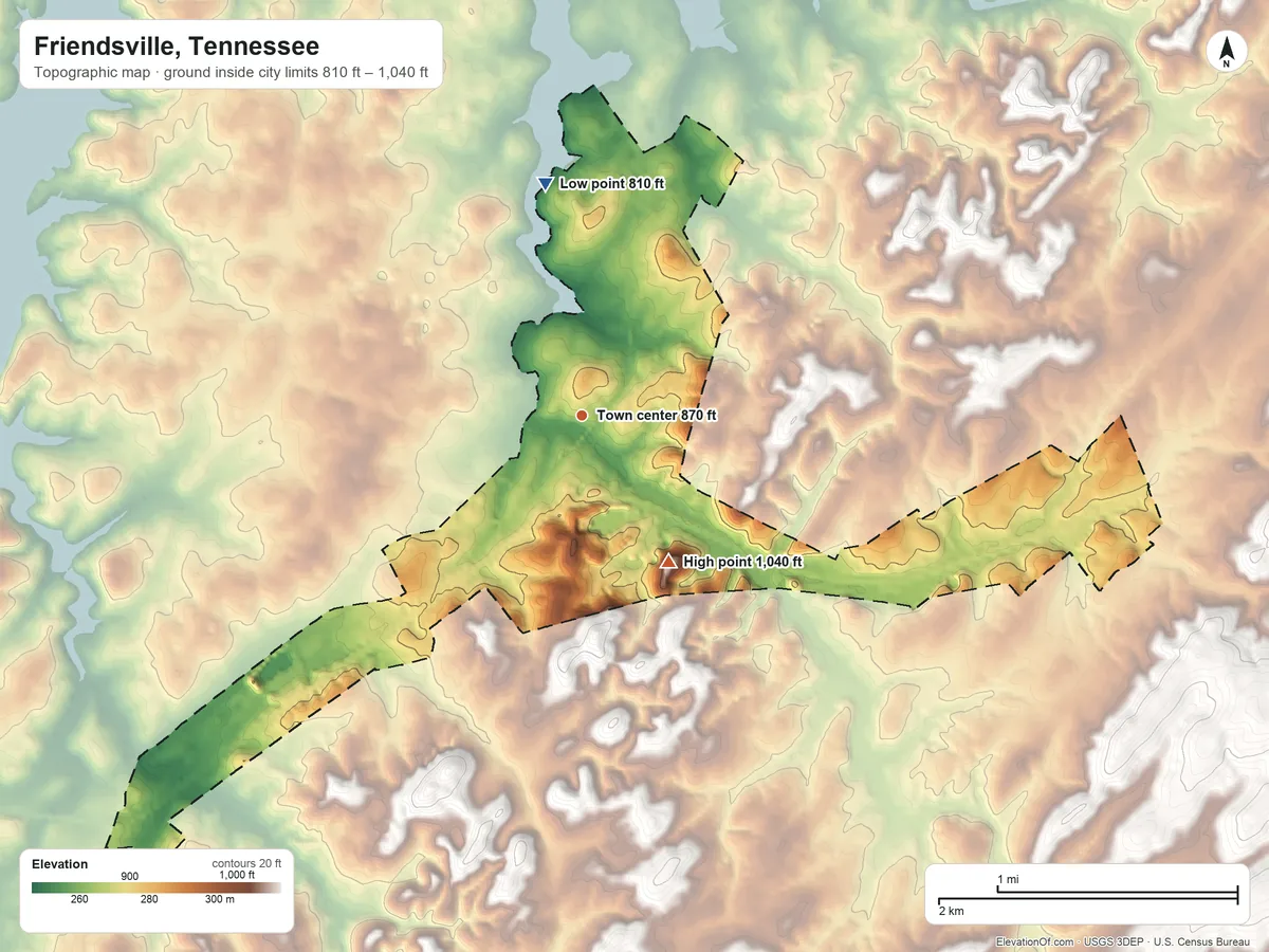 Topographic elevation map of Friendsville, Tennessee, shaded from 810 ft on the north side to 1,040 ft on the southeast side