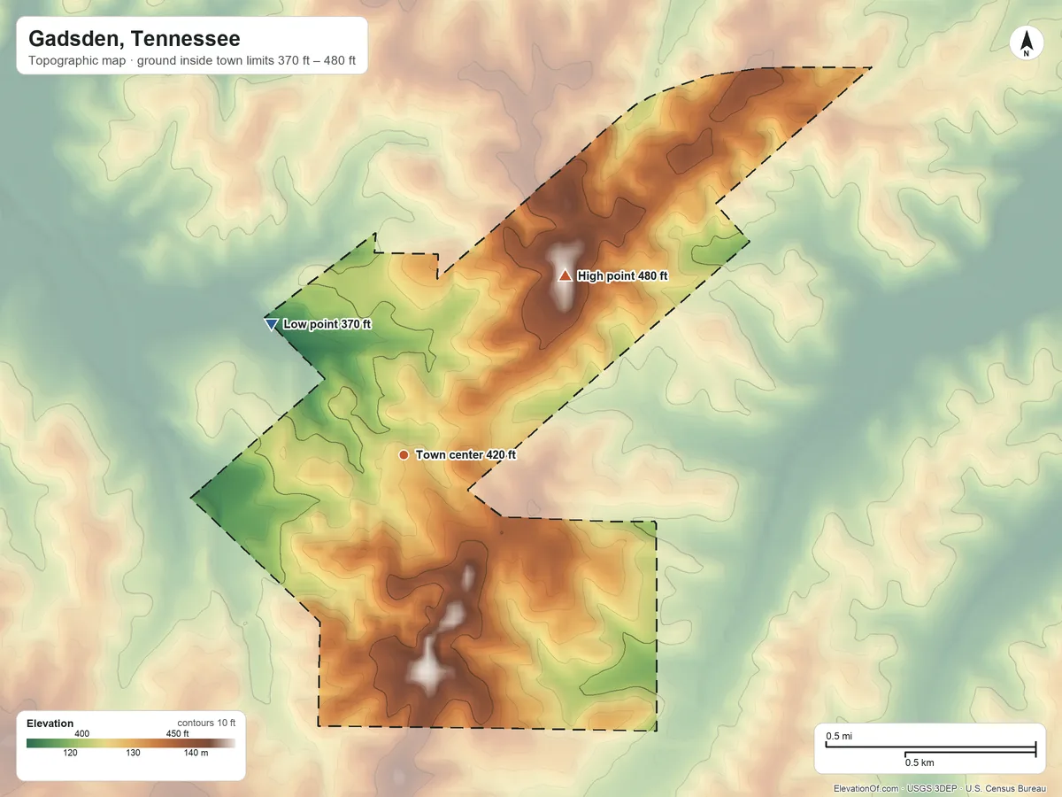 Topographic elevation map of Gadsden, Tennessee, shaded from 370 ft on the northwest side to 480 ft on the northeast side