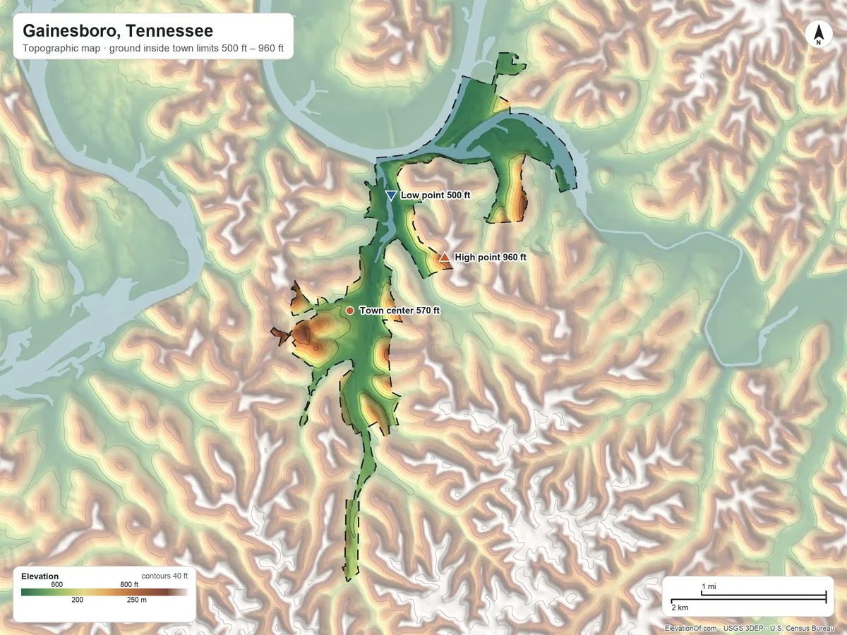 Topographic elevation map of Gainesboro, Tennessee, shaded from 500 ft on the north side to 960 ft on the northeast side