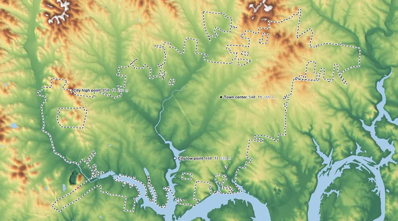 Topographic elevation map of Gallatin, Tennessee, shaded from 440 ft on the southwest side to 850 ft on the west edge, below higher ground just outside