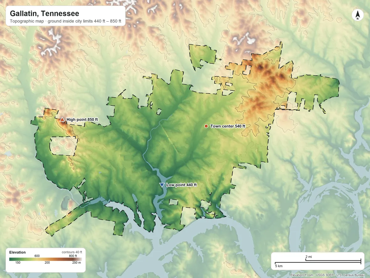 Topographic elevation map of Gallatin, Tennessee, shaded from 440 ft on the southwest side to 850 ft on the west edge, below higher ground just outside