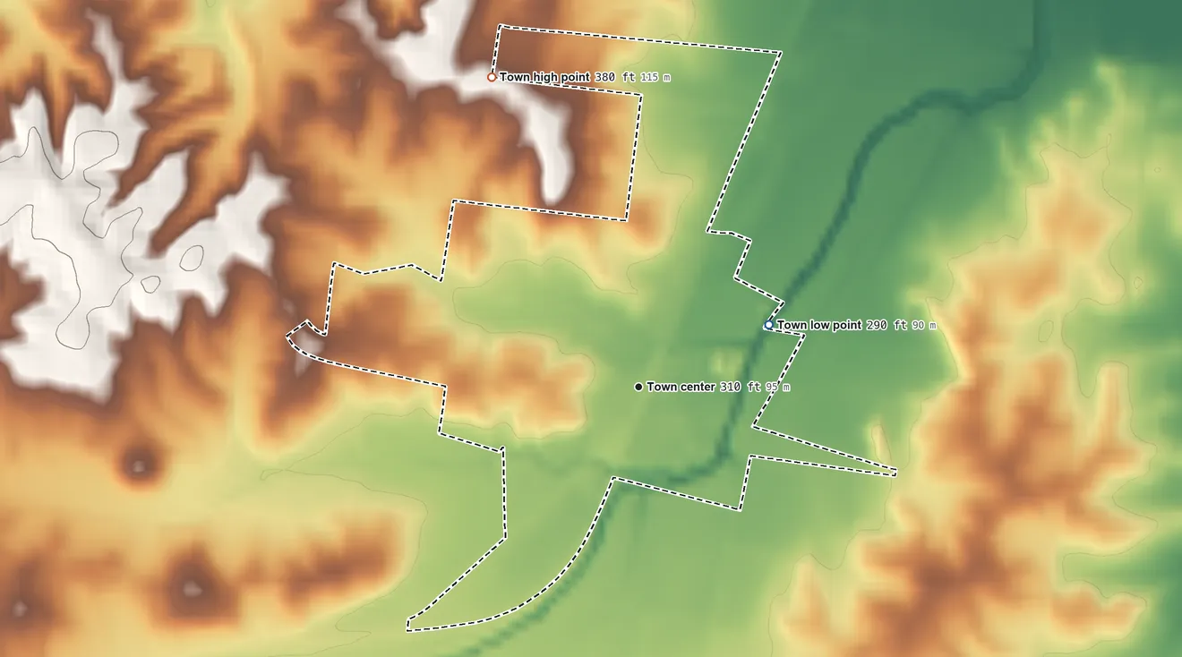 Topographic elevation map of Gates, Tennessee, shaded from 290 ft on the northeast side to 380 ft on the northwest side