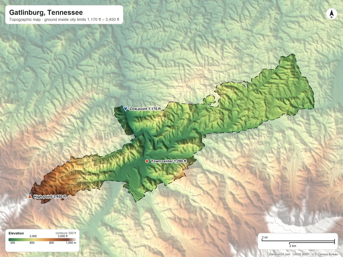 Topographic elevation map of Gatlinburg, Tennessee, shaded from 1,170 ft on the north side to 3,450 ft at the foot of the Great Smoky Mountains