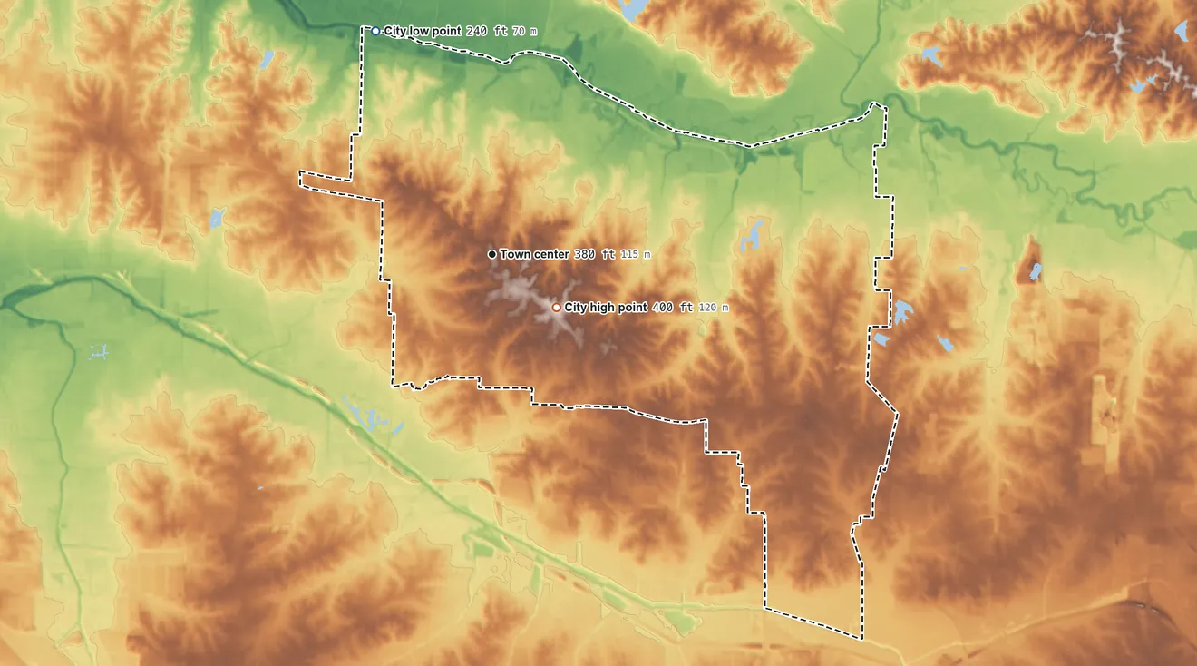 Topographic elevation map of Germantown, Tennessee, shaded from 240 ft on the northwest side to 400 ft near the middle