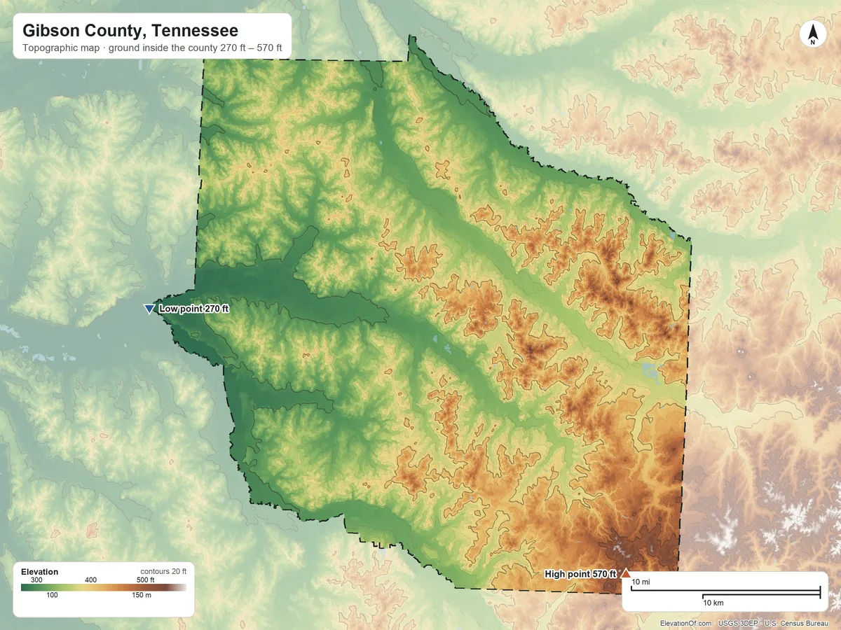 Topographic elevation map of Gibson County, Tennessee, shaded from 270 ft on the west side to 570 ft on the southeast side